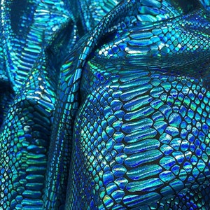 Iridescent Snake Skin Print On A Nylon 2 Way Stretch Spandex Fabric BY The Yard. (Turquoise on Black)