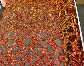 Geometric Pearl Sequins On Power Mesh Fabric Iridescent By The Yard Used For -Dress-Bridal-Decorations [Orange/Black] FREE SHIPPING!!!