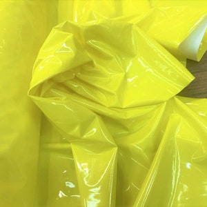 54&quot; Wide Faux Leather Vinyl 4 Way Stretch Spandex Dance Wear Fabric by The Yard (Yellow, Glossy Vinyl)