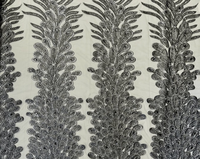 Feather Design Heavy Beaded Embroidery On a Mesh Fabric-Sold By The Panel- Turquoise