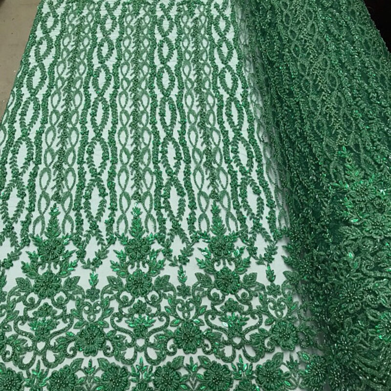 Precious Bridal Beaded Sequins On Mesh Fabric By The Yard Used For -Dress-Bridal-Fashion-Decor [Hunter Green] main image 0