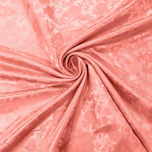 Coral Polyester Flower Brocade Jacquard Satin Fabric, Sold By The Yard.