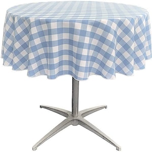 Polyester Checkered Gingham Plaid Round Tablecloth for Small Coffee Table (White & Lt Blue, Choose Size Below