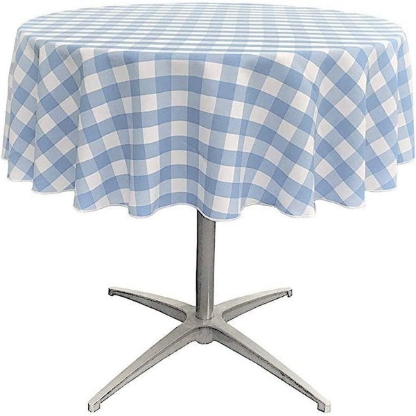 Polyester Checkered Gingham Plaid Round Tablecloth for Small Coffee Table (White & Lt Blue, Choose Size Below