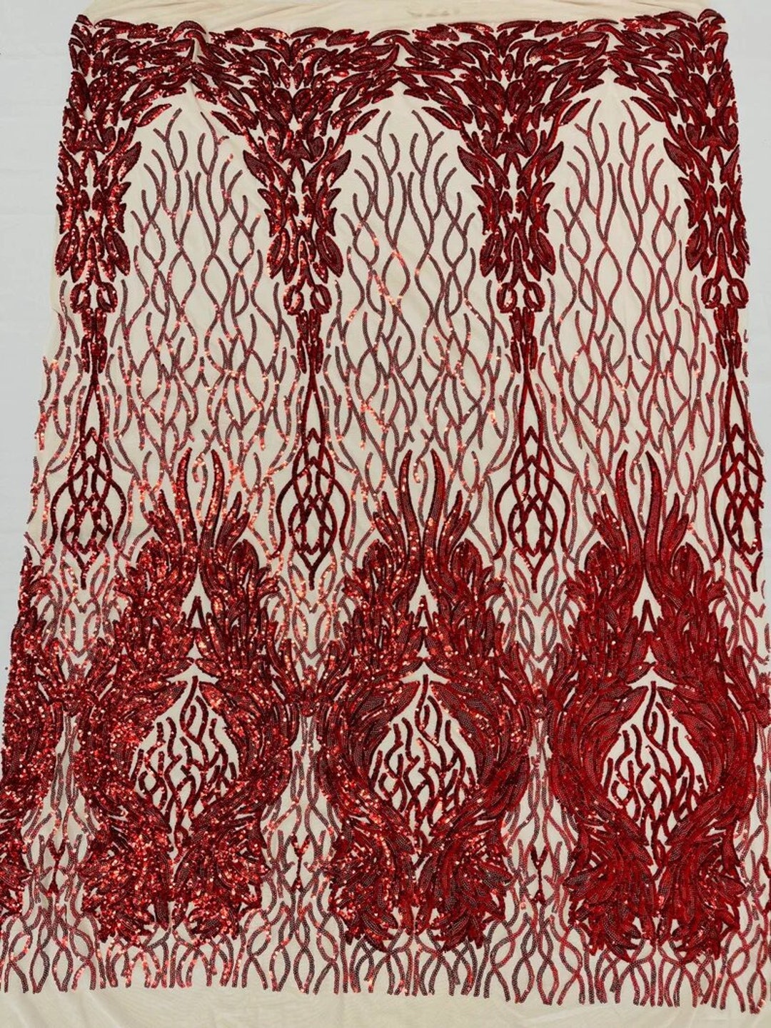 Empire Damask Design with Sequins Embroider On A 4 Way Stretch Mesh Fabric (1 Yard, Hunter Green)
