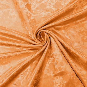 Orange Polyester Flower Brocade Jacquard Satin Fabric, Sold By The Yard.