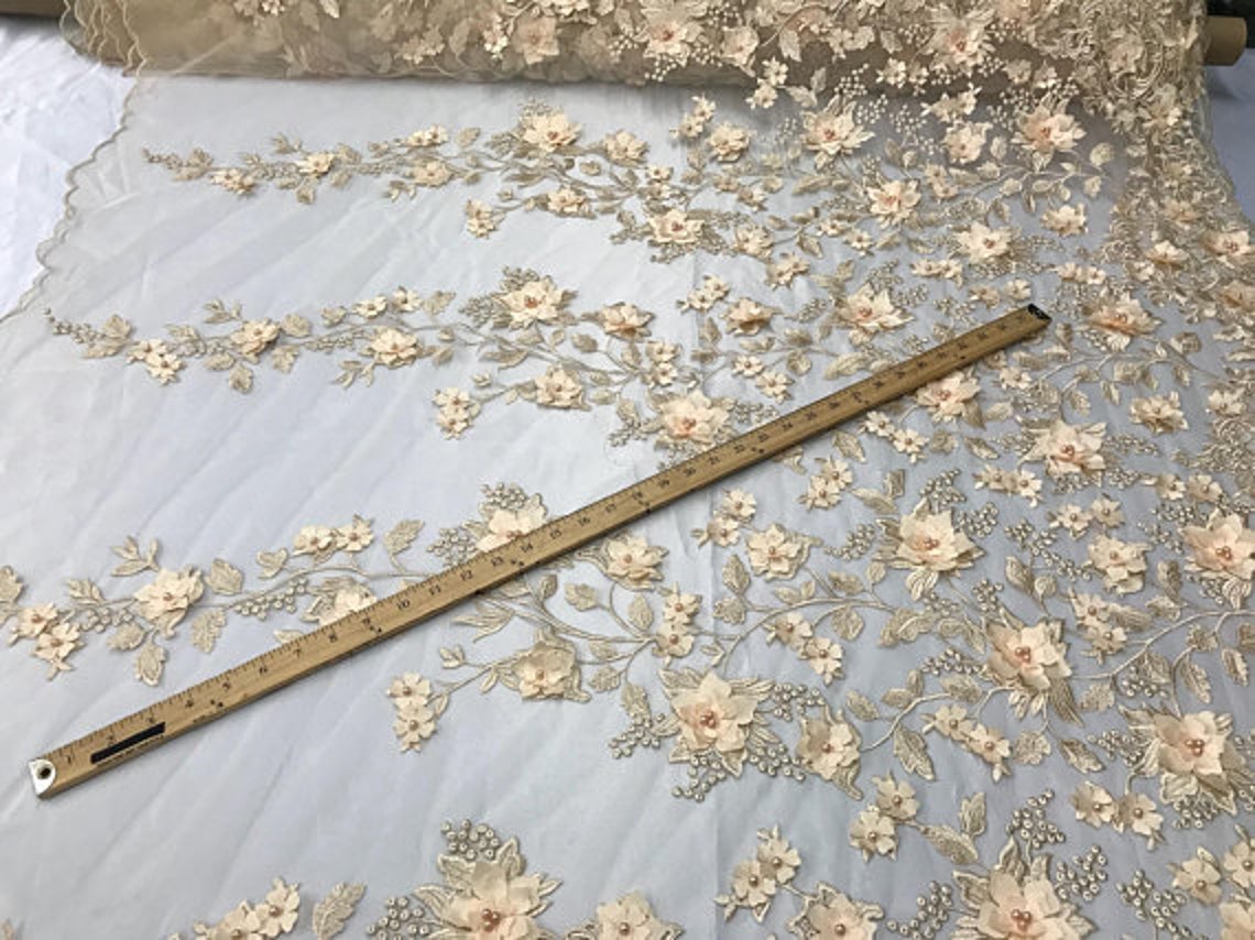 3D Embroidery Floral Stars Lace on Mesh Fabric With Pearls by the Yard ...