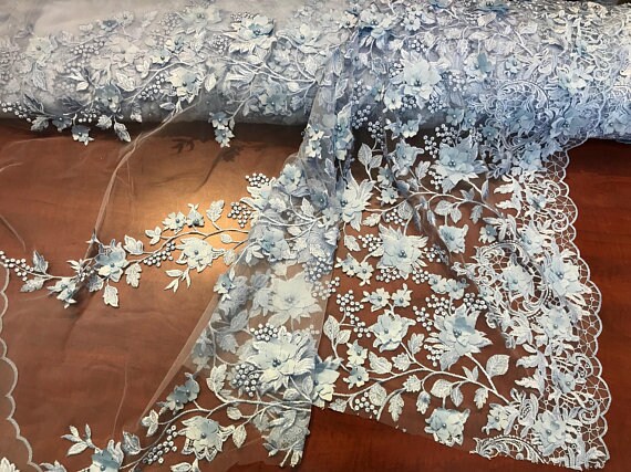 3D Embroidery Floral Stars Lace on Mesh Fabric With Pearls by the Yard ...