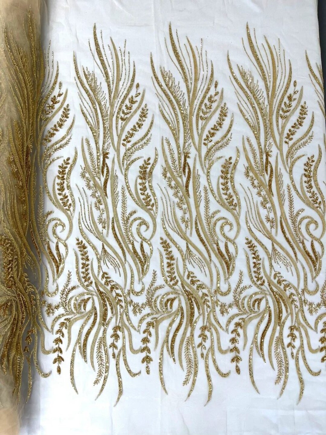Royalty Fabrics Fashion Damask hand beaded design embroider on a mesh lace-prom-sold by the yard. Beige main image 1