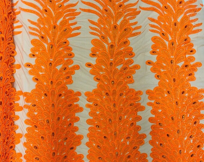 Feather Design Heavy Beaded Embroidery On a Mesh Fabric-Sold By The Panel- Aqua Mint main image 0