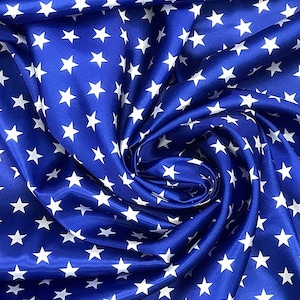 Patriotic White Stars ON Royal Blue Satin Fabric by the Yard