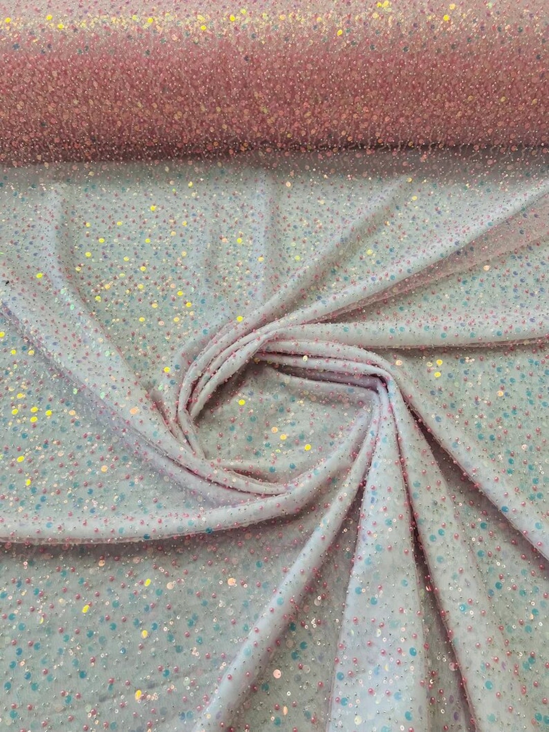 Royalty Fabrics Fire/Flames hand beaded design embroider on a mesh lace-prom-sold by the yard. Ivory