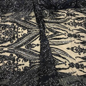 Kingdom Empire Sequins Stretch Power Mesh Fabric By The Yard Used For -Dress-Bridal-Decorations [Navy Blue] FREE SHIPPING!!!