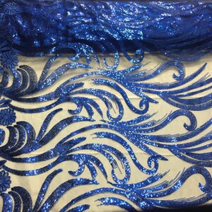Royal blue Autumn Dance Flowers Embroider With Sequins On A mesh lace sold by the yard