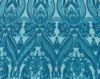 Hologram Damask Design Sequins Embroider on a 4 Way Stretch Mesh Fabric- Sold by The Yard. Turquoise