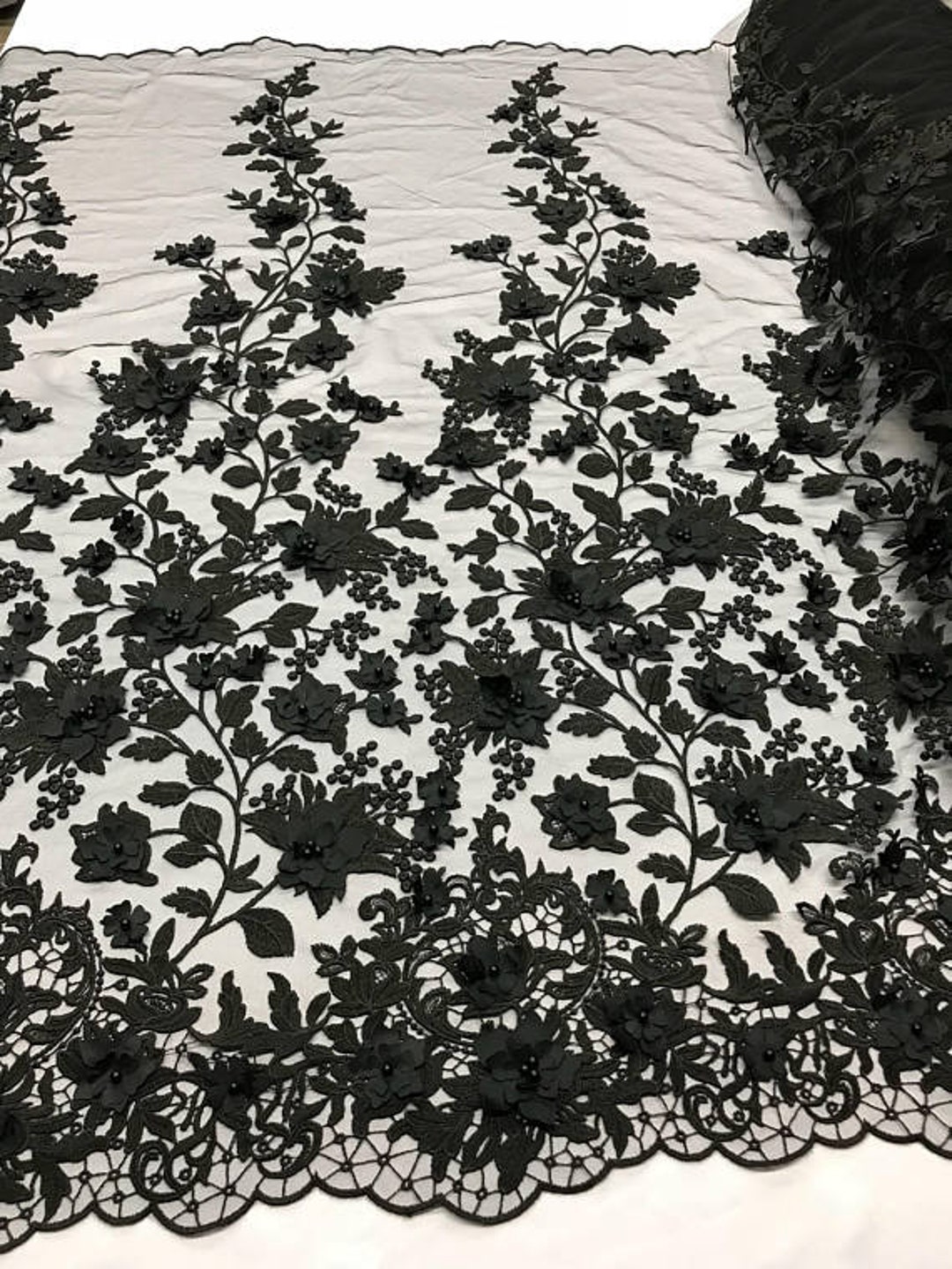 3D Embroidery Floral Stars Lace on Mesh Fabric With Pearls by the Yard ...