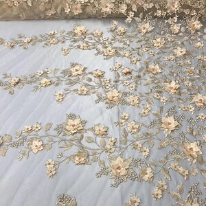 3D Embroidery Floral Stars Lace on Mesh Fabric With Pearls by the Yard ...