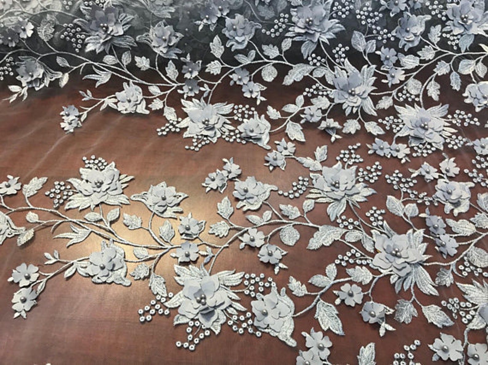 3D Embroidery Floral Stars Lace on Mesh Fabric With Pearls by the Yard ...