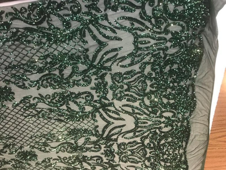 Bridal Sequins Fabric Mesh Lace French Embroidered Design Sold by The Yard Hunter Green