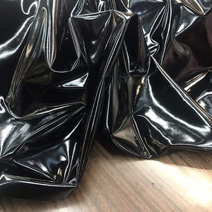 54&quot; Wide Faux Leather Vinyl 4 Way Stretch Spandex Dance Wear Fabric by The Yard (Black, Glossy Vinyl)