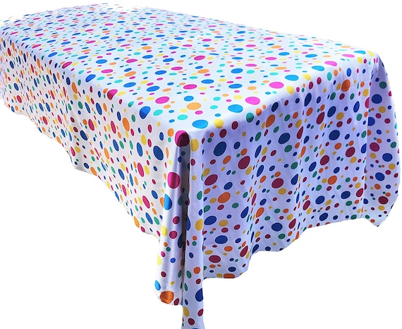 Happy Birthday Tablecloth Multi Color Polka Dot Satin Tablecloth Rectangular Multi Color Dot on White Choose Size Below