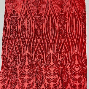 Fashion Design Sequins Embroider on a 4 Way Stretch Mesh Fabric- Sold by The Yard. Red