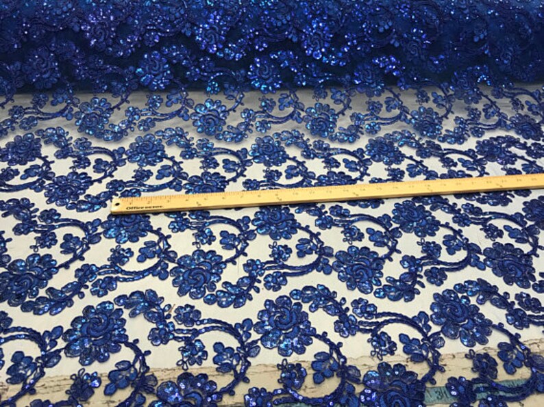 Dress-Bridal-Fashion Royal Blue Forbidden Flowers With Sequins Corded Lace On Mesh Fabric By The Yard Used For FREE SHIPPING!!!