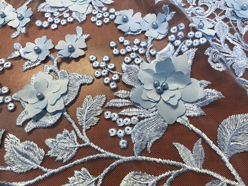 3D Embroidery Floral Stars Lace on Mesh Fabric With Pearls by the Yard ...