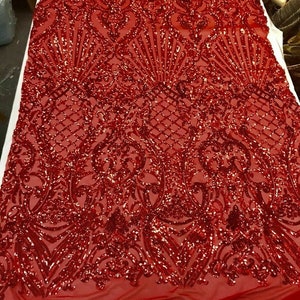 Sequins damas géométriques sur Stretch Power Mesh Tissu par cour utilisé pour -Robe-Bridal-Décorations [Rouge] LIVRAISON GRATUITE!!!