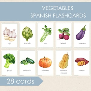 Spanish Vegetables Flashcards, Educational Printable Cards, Spanish Vocabulary Cards, Montessori Materials, Spanish Food Cards