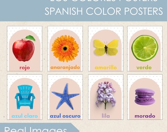 May include: Spanish colour posters featuring real images of objects in various colours. The colours are: red, orange, yellow, green, light blue, dark blue, purple, and lilac.