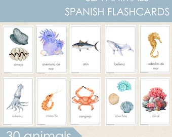 Cartões de memória com animais marinhos em espanhol, cartões educativos Montessori (download digital)
