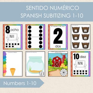 May include: Educational flashcards for Spanish subitizing, featuring numbers 1-10. Each card displays a number in both numeral and word form, with visual representations like dots, drawings, and objects. The cards are colorful and designed for learning.