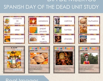 May include: A Spanish Day of the Dead unit study with colorful illustrations and text. The image includes cards with words like "altar," "catrina," and "pan de muerto," along with related images. The title "Día de Muertos" is at the top.