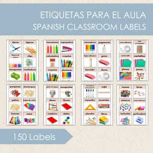 Puede incluir: Un conjunto de 150 etiquetas para el aula en español con varios útiles escolares. Las etiquetas incluyen tijeras, lápices, marcadores, pegamento, borradores y más. El texto "ETIQUETAS PARA EL AULA SPANISH CLASSROOM LABELS" está en la parte superior.