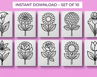Flower Coloring Pages, 10 Coloring Pages, Bold Easy Coloring Pages, Printable Coloring Pages, Coloring Book, Set 10 pages, Instant Download
