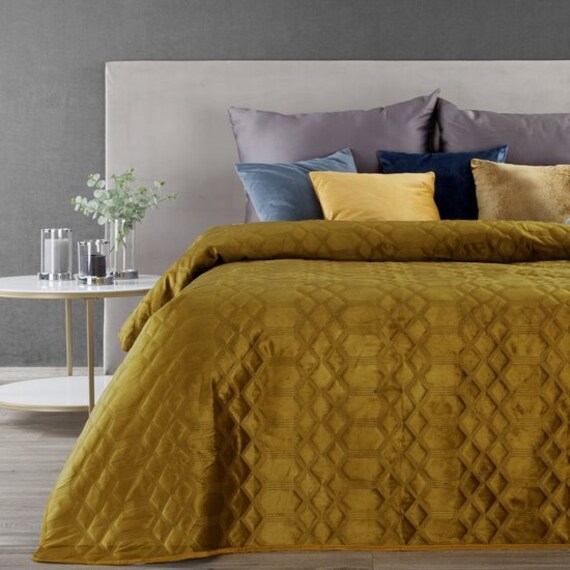 Large Velvet gold bedspread Queen size bedspread quilted Etsy