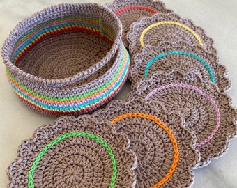 PATTERN - Colorful Coasters with Basket Holder - Digital Crochet Pattern - US Terms