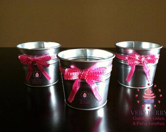 3 Silver Buckets with Bow and Ribbons