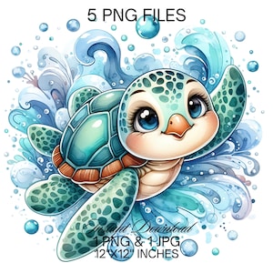 Sea Turtle Clipart: Watercolor PNG JPG with Flowers (Commercial Use, Digital Download 12&quot;x12&quot;)