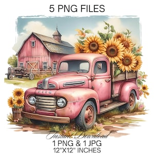 Rustic Truck & Barn Sunflower Clipart: Farmhouse PNG (Digital Download)