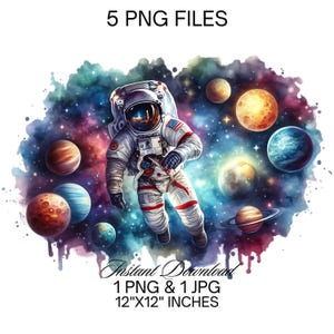 Space Astronaut Watercolor Clipart PNG | 5 Outer Space Planets Astronaut PNG | Galaxy Stars Moon Sun Astronaut Illustration Commercial Use