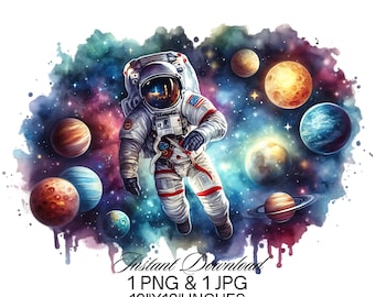 Aquarell Astronaut Clipart: Weltraum Planeten PNG, Galaxie Illustration (digitaler Download)