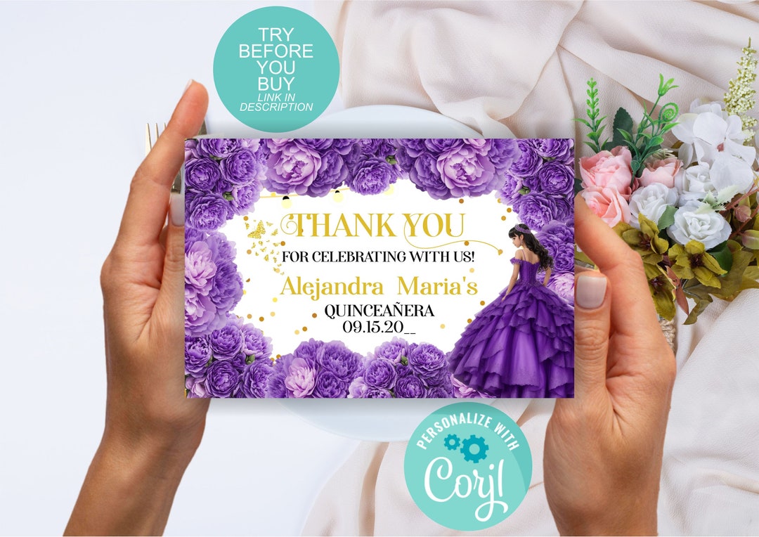 Purple Thank You Card Quinceanera Thank You Card Quince Etsy