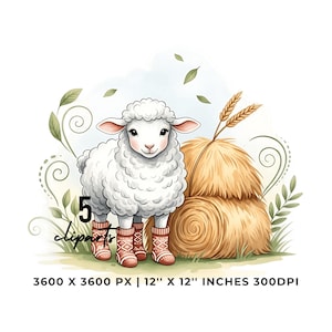 May include: A charming watercolour illustration of a white sheep wearing red and white patterned boots, positioned in front of a hay bale. The image includes green foliage and the text "5 cliparts". The image is 30.48 cm x 30.48 cm.