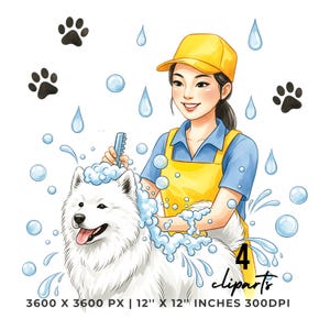 Dog Grooming Clipart Bundle | Pet Wash Art | 4 PNG & 4 JPG | Digital Stickers | 12"x12" 300DPI Graphic Sublimation Commercial Use