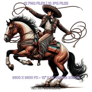 Mexican Cowboy Riding a Horse Clipart PNG | 12 Mexican Wearing Cowboy Hat & Boots, holding a Lasso in His Hand for Boys | Commercial Use