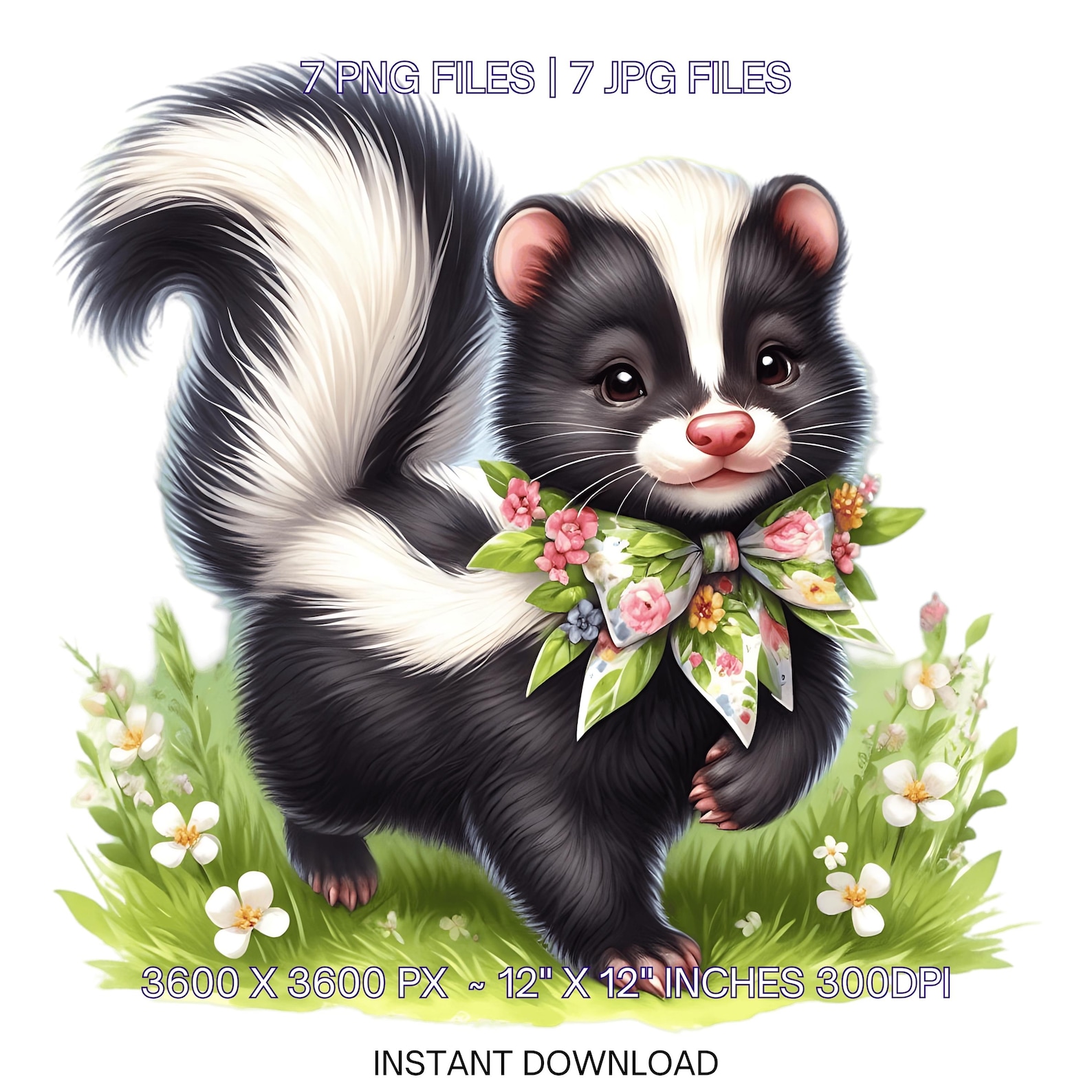 Spring Skunk Watercolor Skunk Clipart: Spring Flowers, Wild Animal PNG (digital ...
