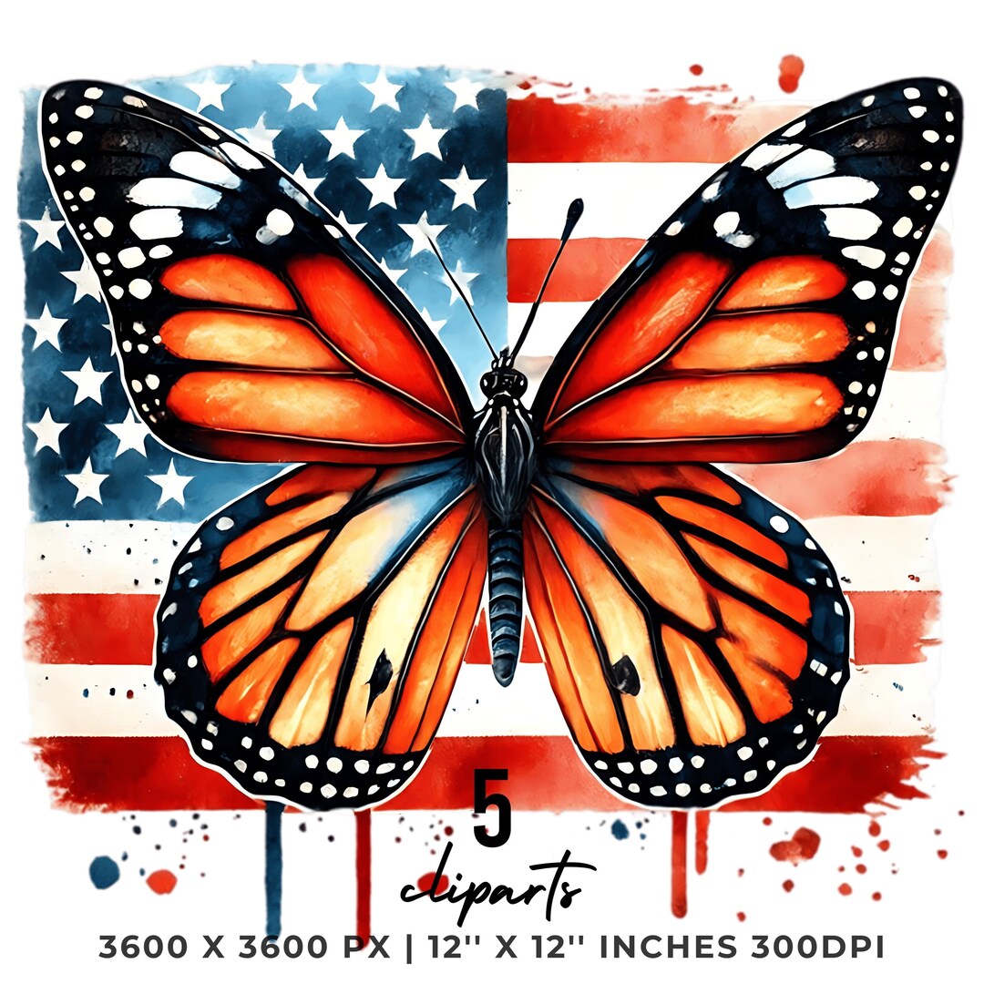 Watercolor Monarch Flag PNG | 5 Patriotic Butterfly USA Flag Clipart ...