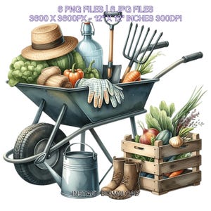 May include: A blue wheelbarrow filled with gardening supplies, including a hat, gloves, a glass bottle, vegetables, and a shovel. A wooden crate filled with vegetables sits next to the wheelbarrow. A watering can and brown boots are also included in the image.
